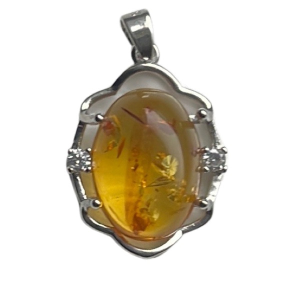 Silver and Orange/yellow amber Gemstone Necklace with Ornate Design